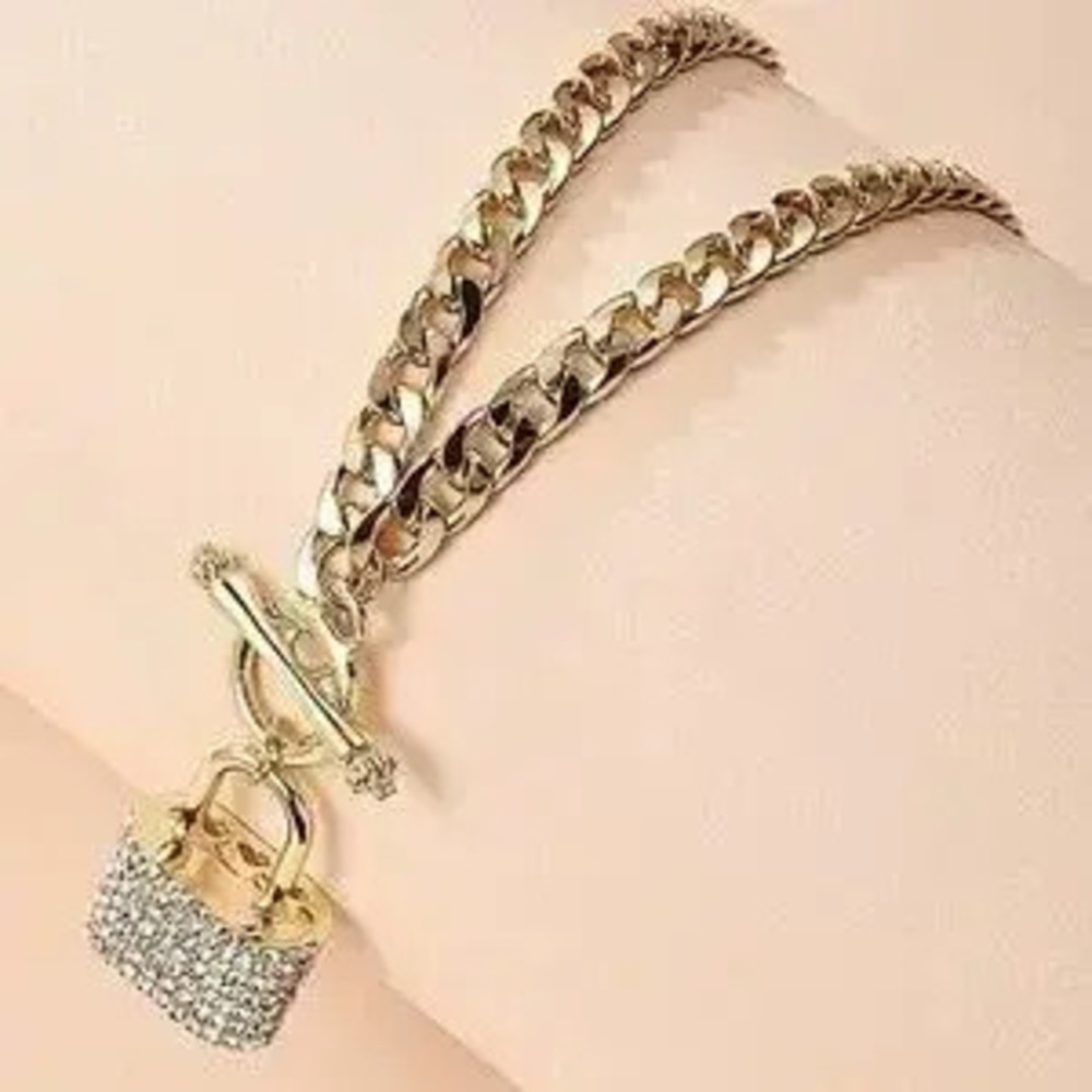 Gold Lock Rhinestone Chain Link Toggle Necklace - Picture 10 of 10